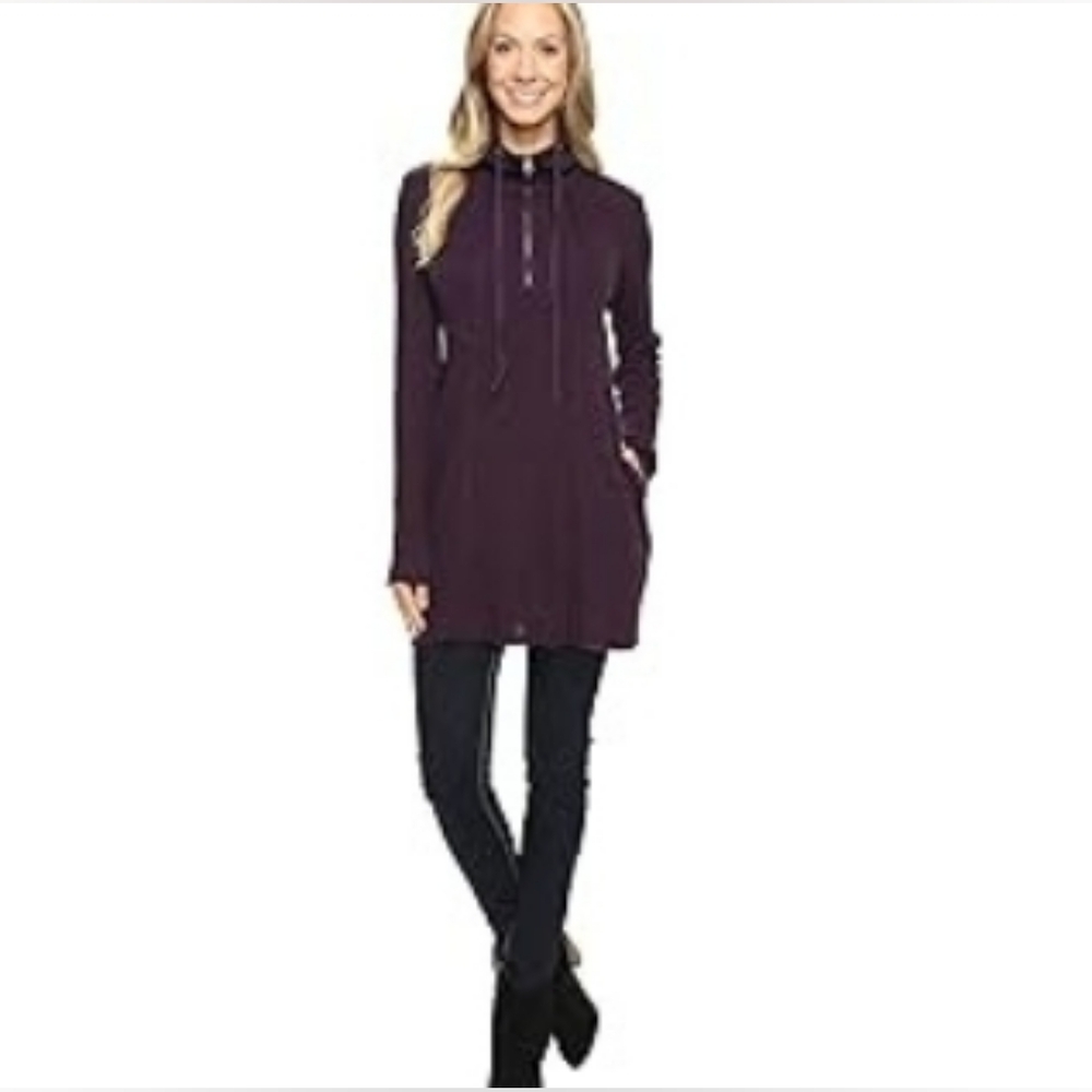 Purple Ribbed Long-Sleeve Thermal Sweater Dress With Pockets